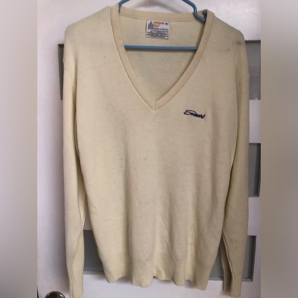 Vintage London Fog V Neck Ivory Pullover Grandpa Sweater 100% Virgin Acrylic~M~ - Picture 1 of 4